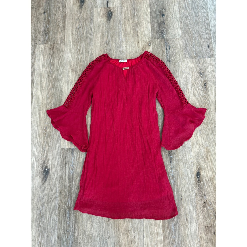 Indigo Rose Boho Festival Mini Dress Womens‎ M Red Bell Sleeve Crochet Lace